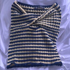 Blue and Yellow Striped Crop Top with Boat Neck